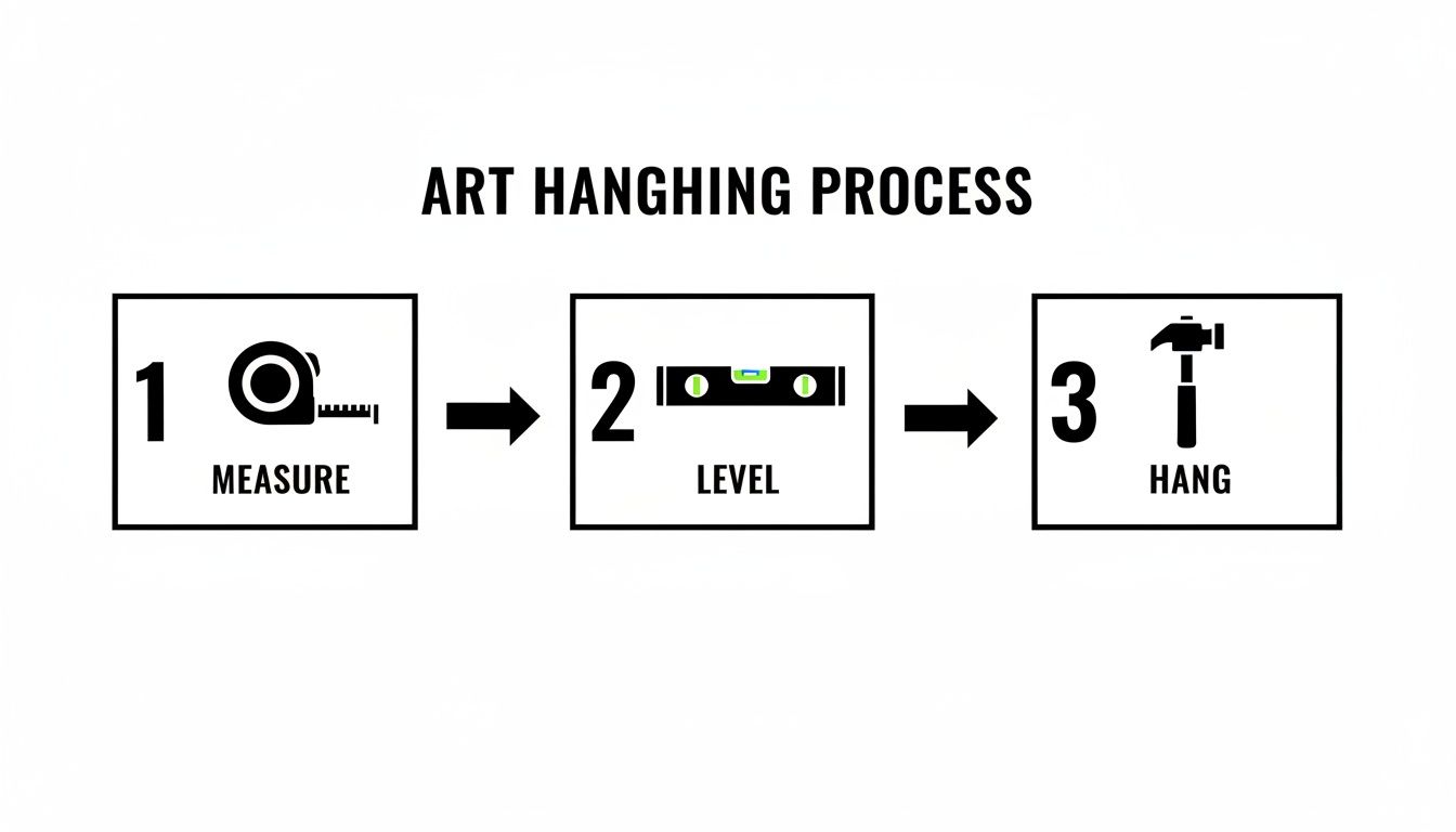 A visual guide illustrating a 3-step art hanging process: measure, level, and hang.