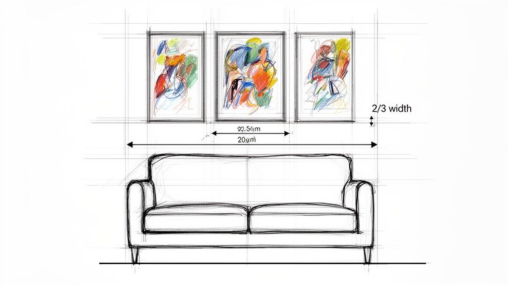 A design sketch illustrating the placement of three framed artworks above a sofa with measurements.