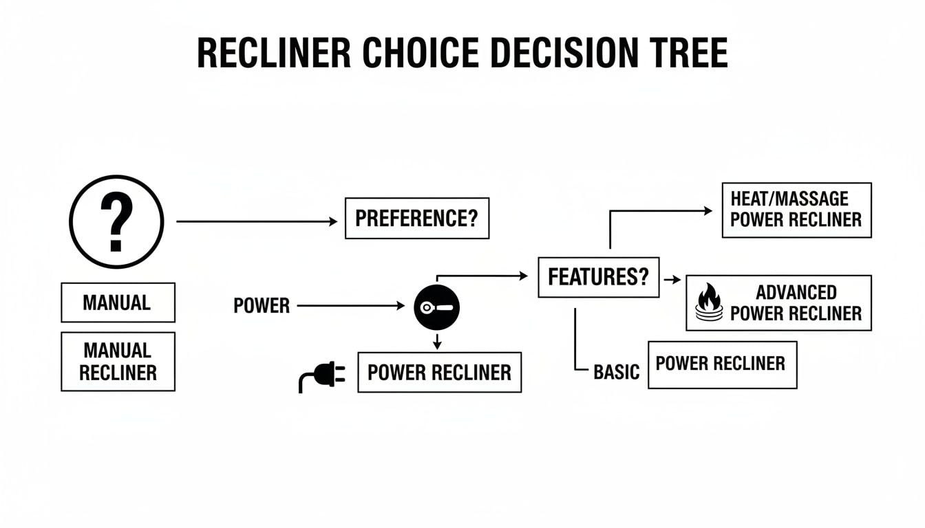 Decision tree diagram illustrating choices for different types of recliners: manual, power, basic, advanced, and heat/massage.