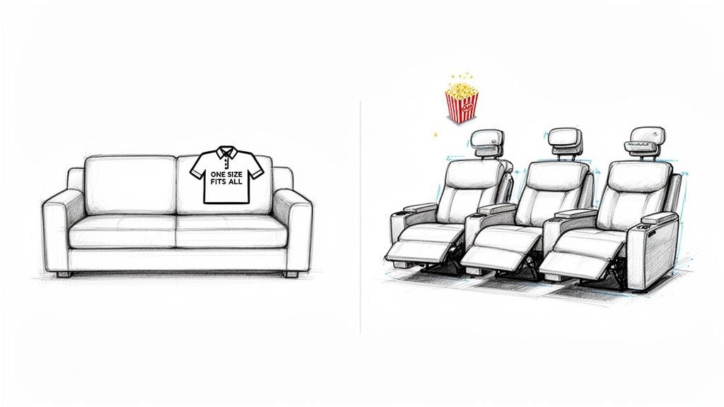 A sketched comparison showing a 'one size fits all' sofa versus three individual reclining movie theater seats with popcorn.