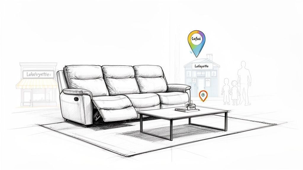A detailed sketch of a 3-seat recliner sofa, coffee table, and rug, with background buildings and map pins.