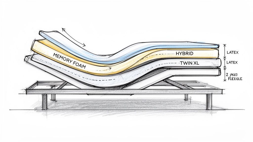 An illustrative cross-section of an adjustable bed with layered mattresses, including memory foam, hybrid, and latex.