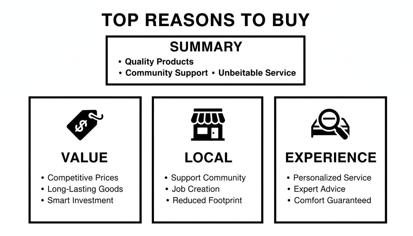 Infographic outlining top reasons to buy a product or service: value, local support, and customer experience.