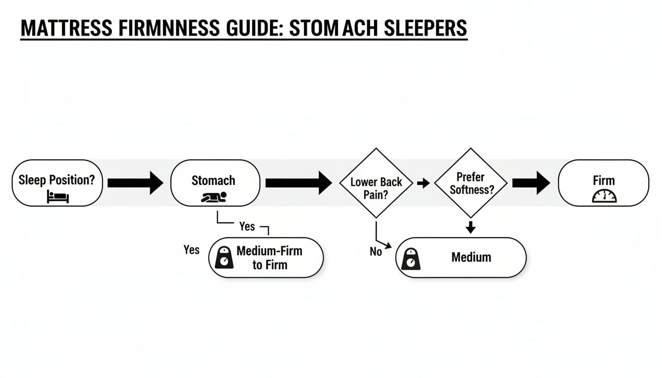 Flowchart guiding stomach sleepers to choose mattress firmness based on lower back pain and preference.