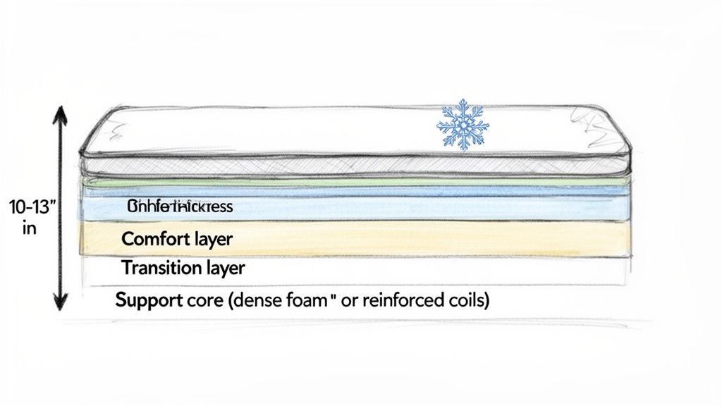 Diagram showing the internal layers of a cooling mattress, including comfort, transition, and support core, with thickness indicated.