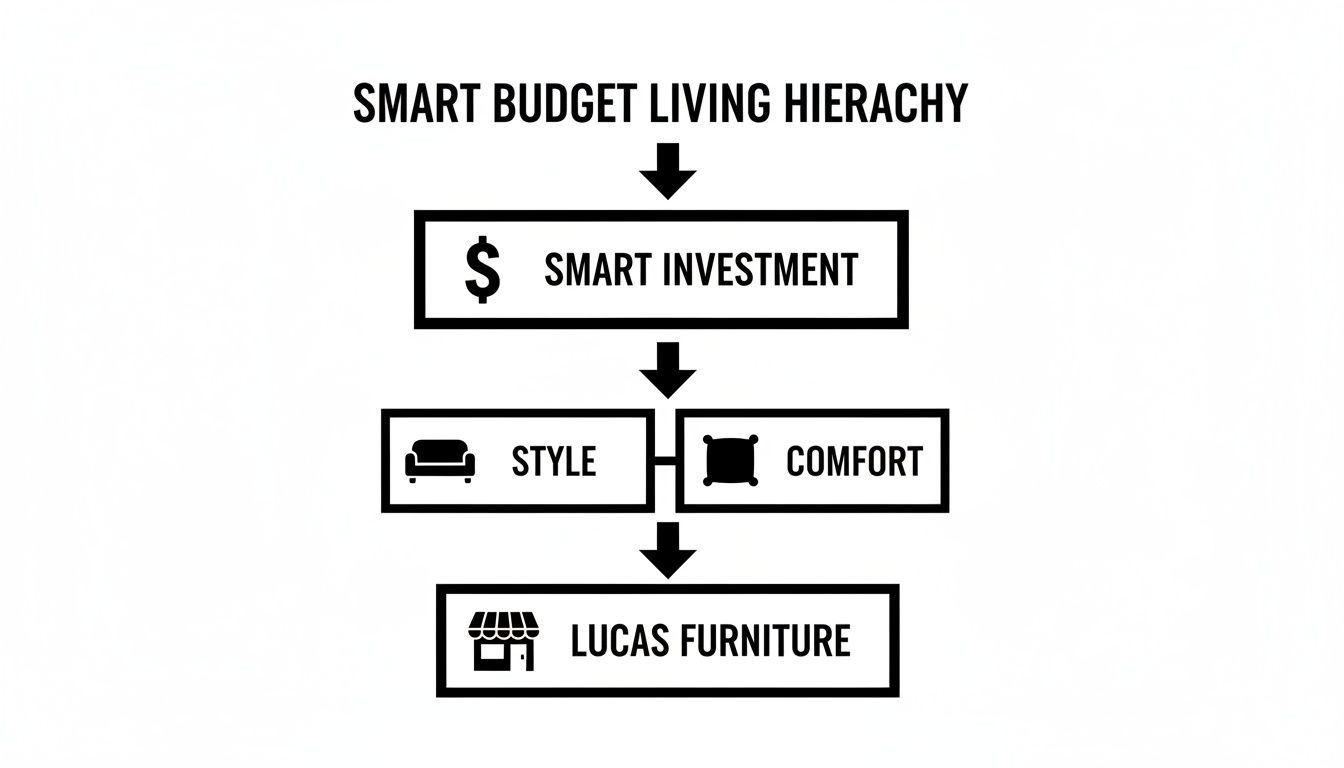 Flowchart illustrating smart budget living hierarchy from investment to style, comfort, and Lucas Furniture.