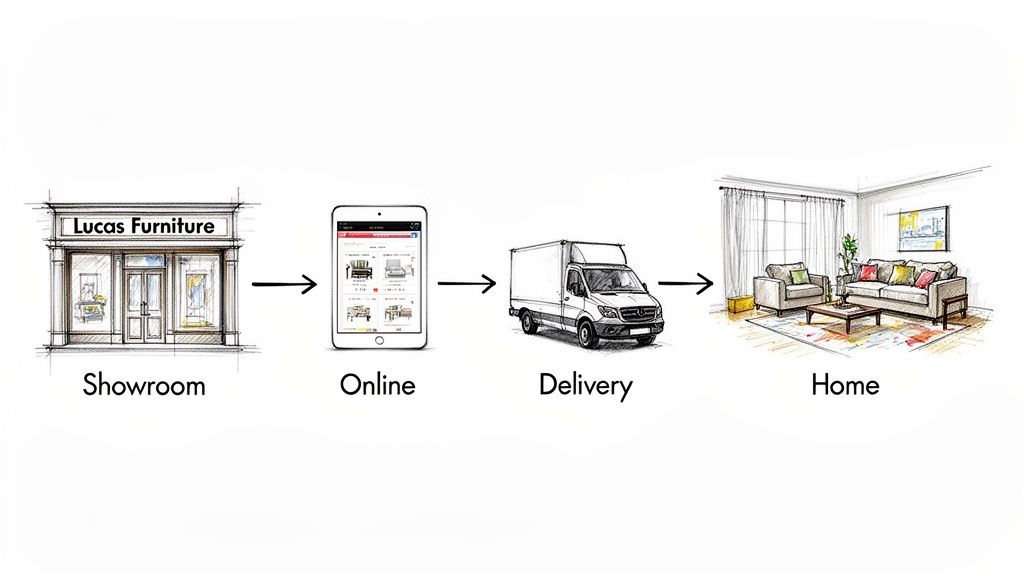Flowchart illustrating the customer journey for furniture from showroom to online purchase, delivery, and home.