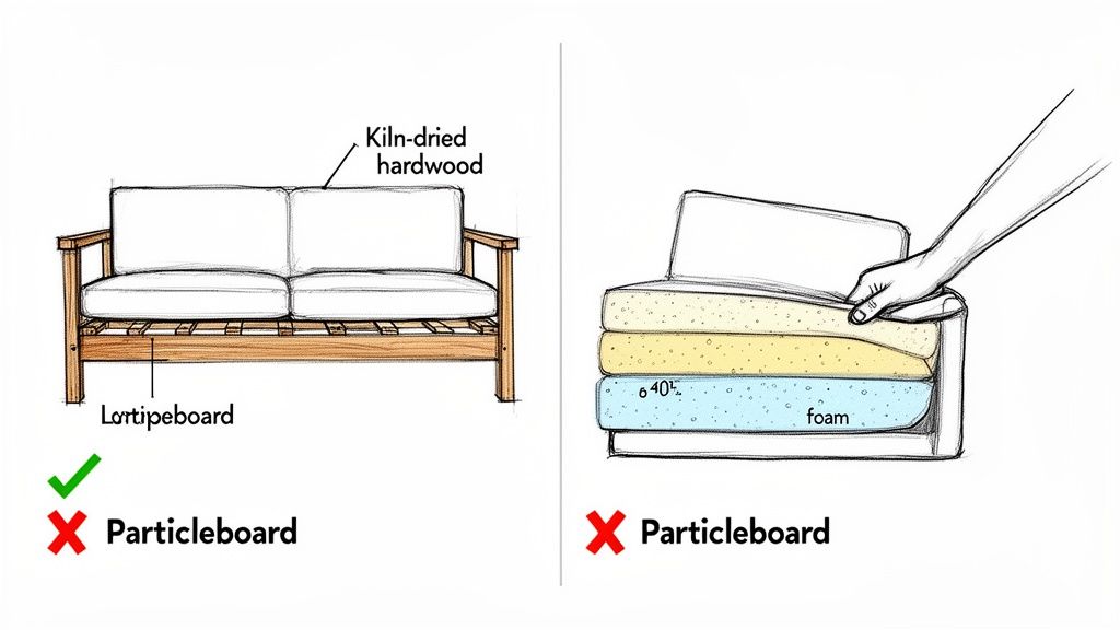 Diagram illustrating good sofa construction with kiln-dried hardwood frame and layered foam cushions, avoiding particleboard.