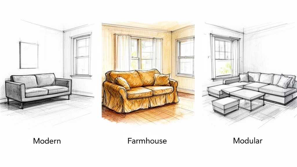 Sketches illustrating three distinct living room sofa styles: modern, farmhouse, and modular designs.