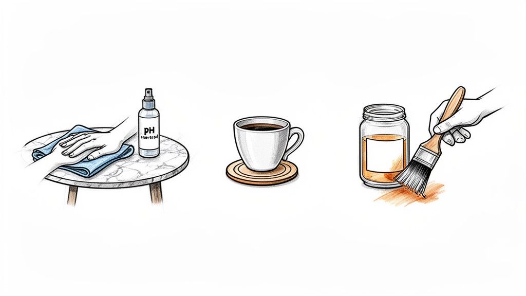 Three illustrations: hand cleaning a marble table, coffee cup on a coaster, hand painting with a brush.