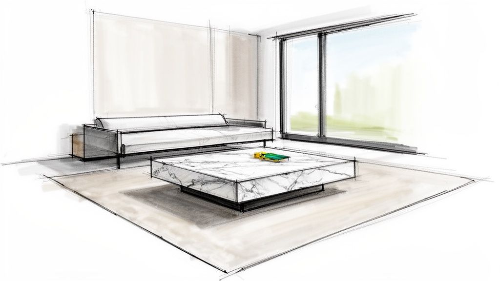 A hand-drawn sketch of a modern living room with a white sofa, marble coffee table, and large window.