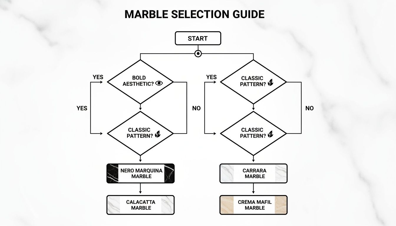 Flowchart guiding marble selection based on aesthetic and pattern, featuring Nero Marquina, Calacatta, Carrara, and Crema Marfil.