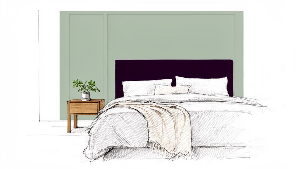 A sketch of a bedroom featuring a dark purple headboard against light green paneled walls.