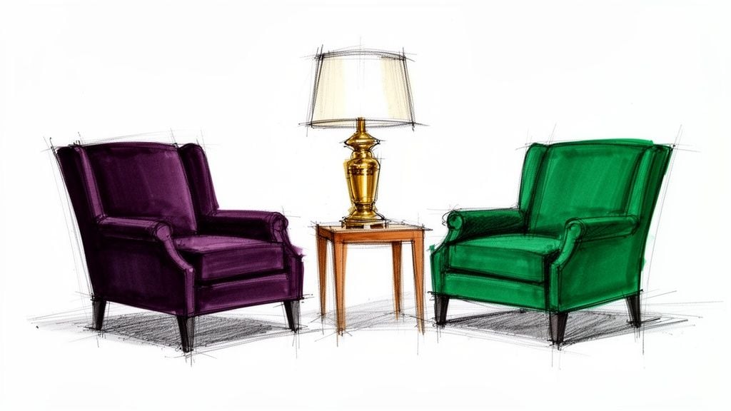 A colorful sketch of a living room setup with a purple armchair, a green armchair, and a lamp on a table.