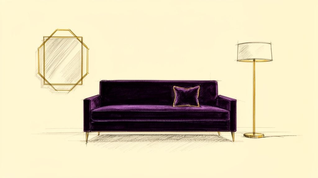 An elegant sketch featuring a dark purple velvet sofa, an octagonal mirror, and a gold floor lamp.