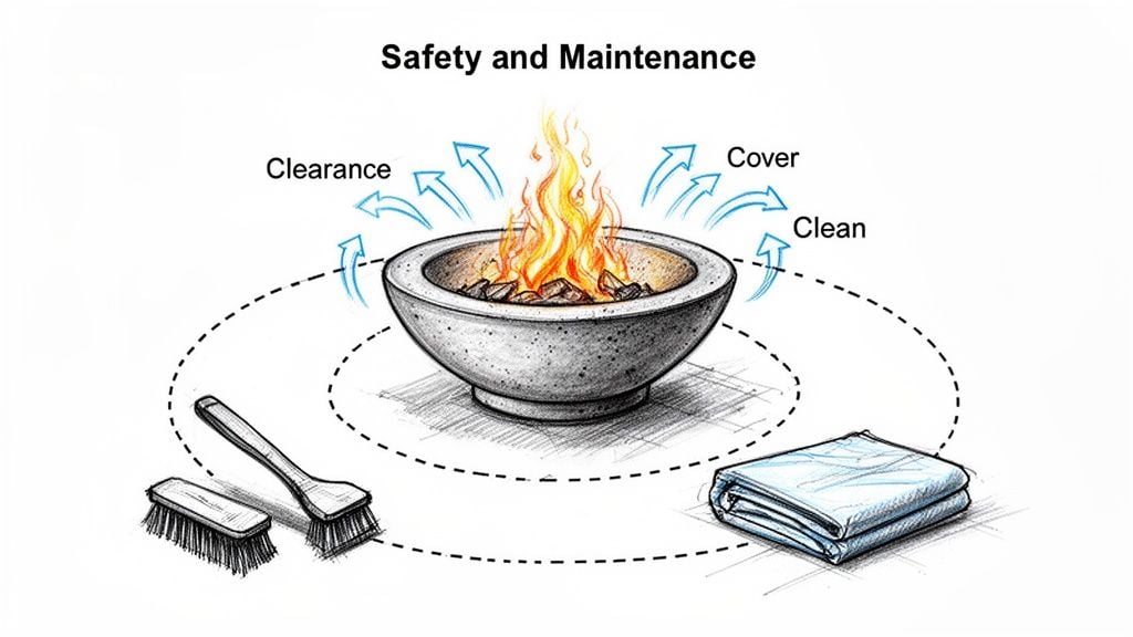 Diagram illustrating safety and maintenance for a concrete fire bowl, showing clearance, cleaning tools, and a cover.