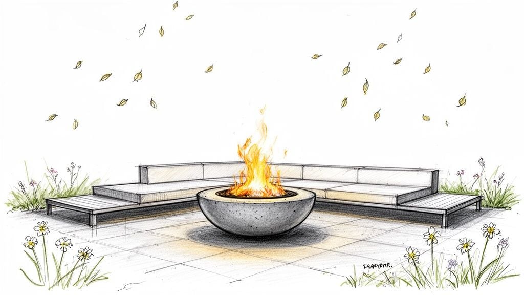 Sketch of an outdoor patio with a concrete fire bowl, burning fire, and modern L-shaped seating.