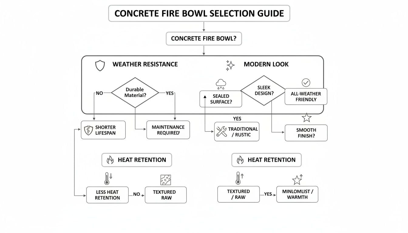 Flowchart for selecting concrete fire bowls, considering durability, sealed surface, sleek design, heat retention, and finish.