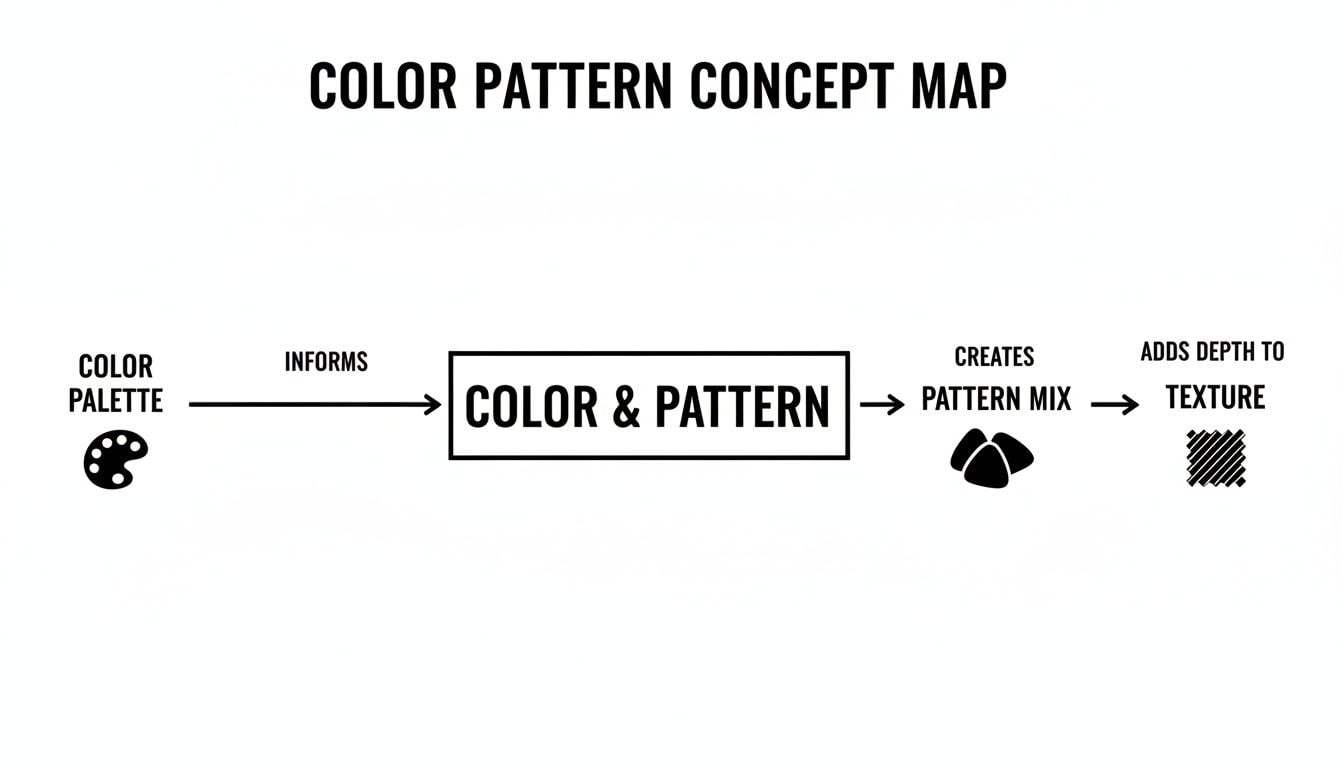 A concept map showing the progression from color palette to color & pattern, creating pattern mix and texture.