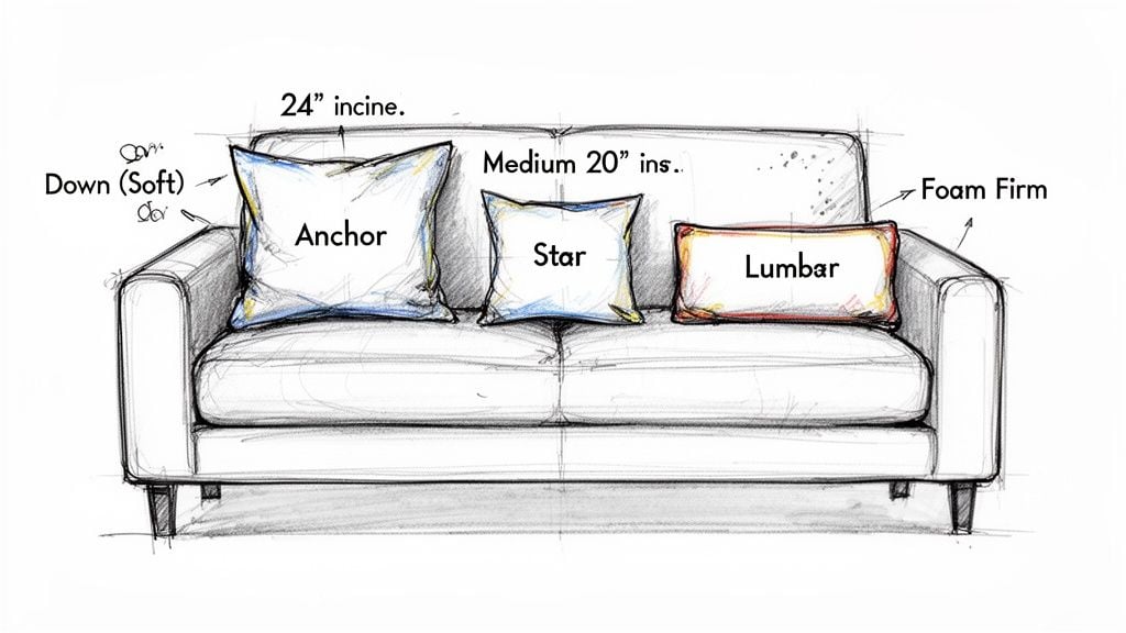 A detailed sketch of a couch showcasing three distinct pillow types: Anchor (down soft), Star (medium), and Lumbar (foam firm).