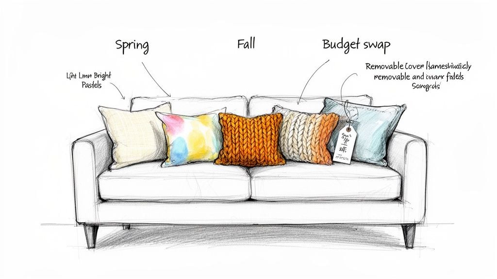 A sketch of a white couch showcasing different throw pillow styles for spring, fall, and budget.