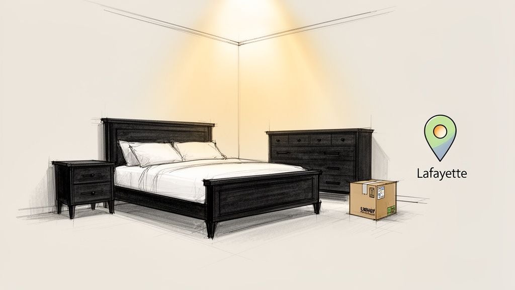 Sketch of a bedroom featuring dark wooden bed, nightstand, dresser, a moving box, and 'Lafayette' location pin.