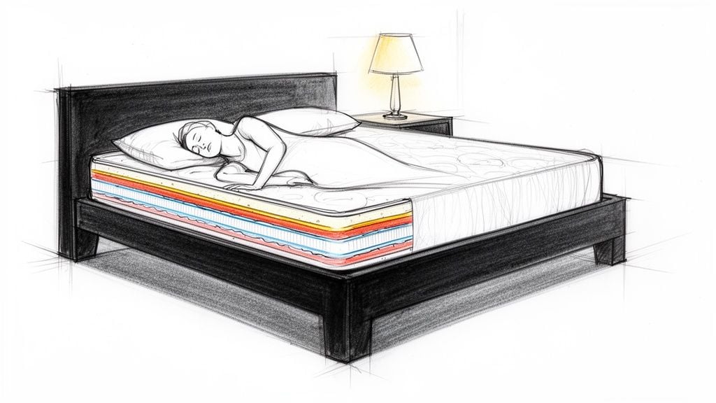 Illustration of a person sleeping on a dark bed frame with a cutaway view of a multi-layered mattress.