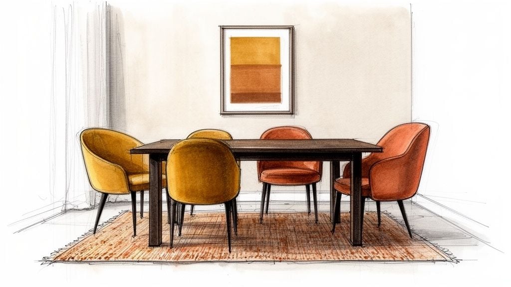 A warm-toned sketch of a dining room with a dark table, mustard and terracotta chairs, and abstract wall art.