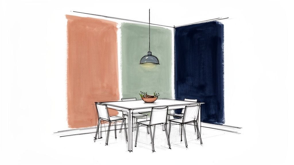 A vibrant sketch illustrating a dining room interior with a table, chairs, and colored wall panels.