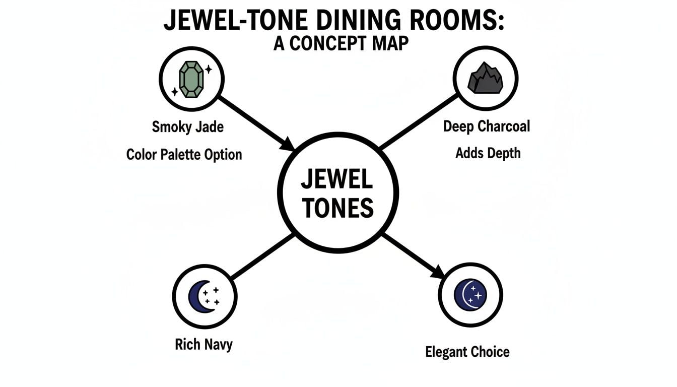 A concept map showing jewel-tone dining room color options like smoky jade, deep charcoal, and rich navy.