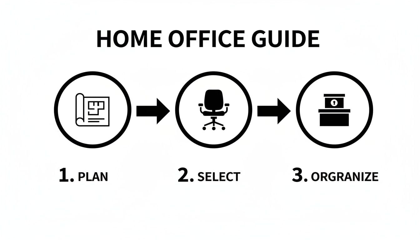 Home office guide infographic showing three steps: plan layout, select furniture, and organize space.