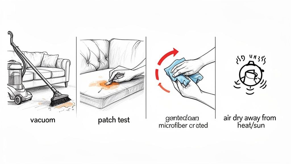Four detailed steps for cleaning upholstery: vacuuming, patch testing, gentle cleaning, and air drying.