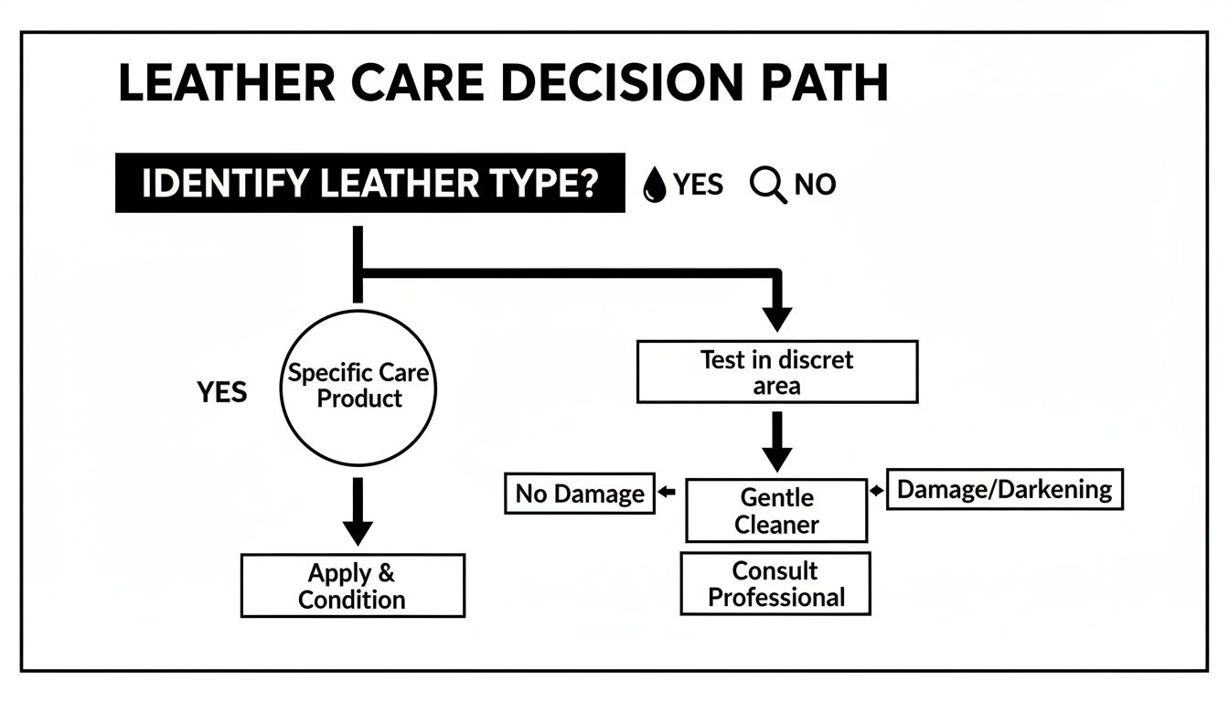 Flowchart outlining a leather care decision path, guiding users on how to identify leather type or test products.