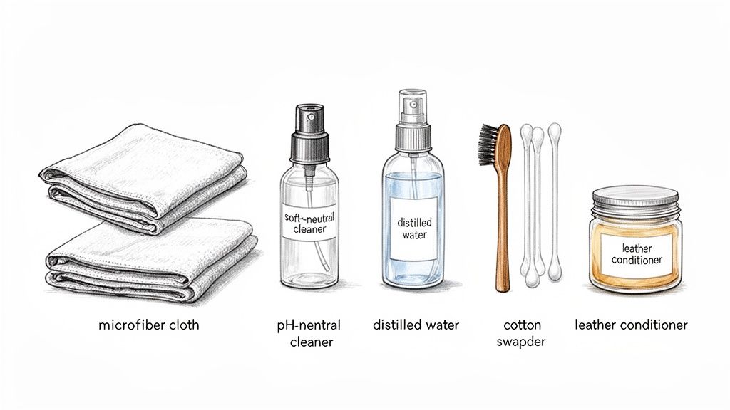 Illustration of leather cleaning supplies: microfiber cloths, pH-neutral cleaner, distilled water, brush, cotton swabs, and leather conditioner.