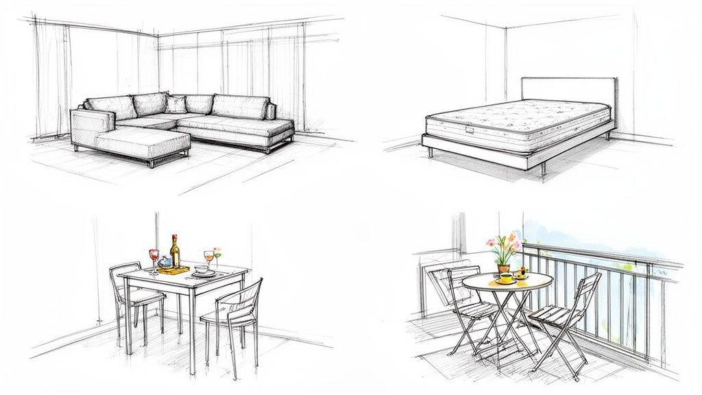 Four hand-drawn sketches illustrating various apartment furniture setups: a sectional sofa, a bed, a dining table, and a balcony set.