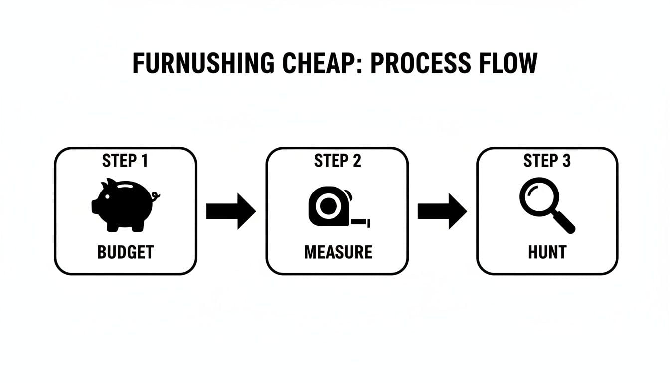 A flowchart showing three steps for furnishing cheap: Step 1 Budget, Step 2 Measure, Step 3 Hunt.