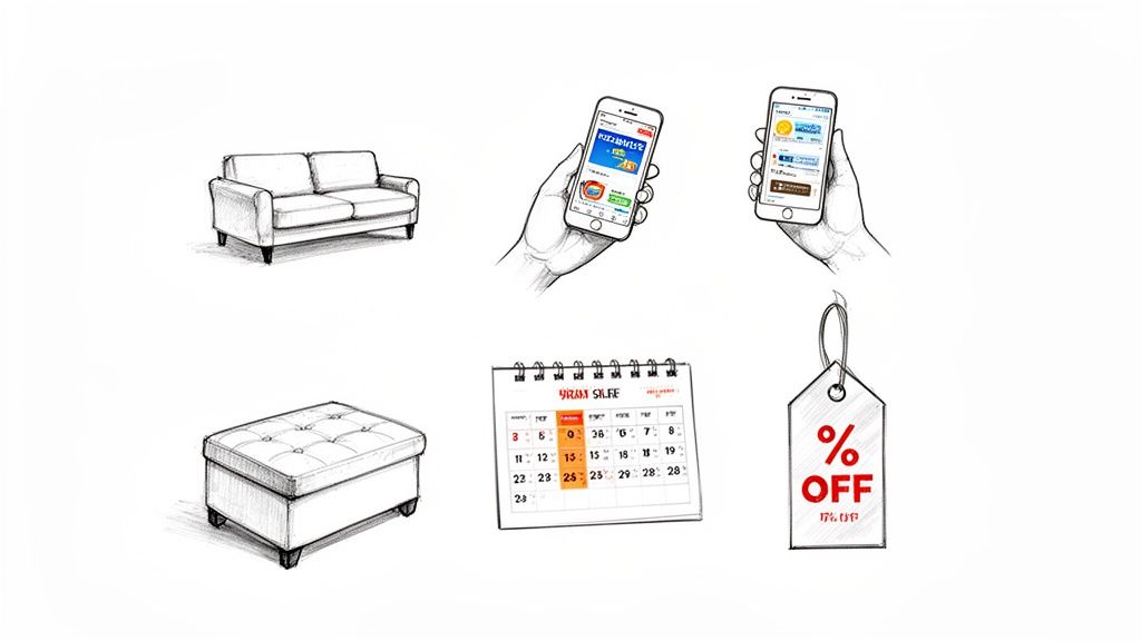 Sketched illustration showing a sofa, ottoman, smartphones, a calendar, and a price tag, symbolizing furniture shopping and sales.