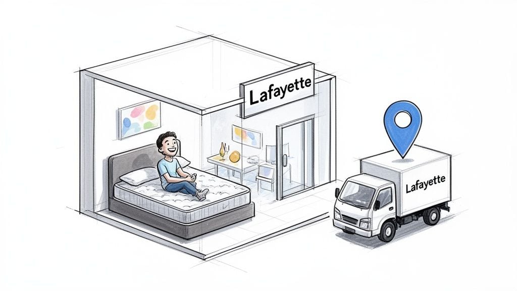 A man happily sits on a new mattress in a room, with a Lafayette delivery truck outside.