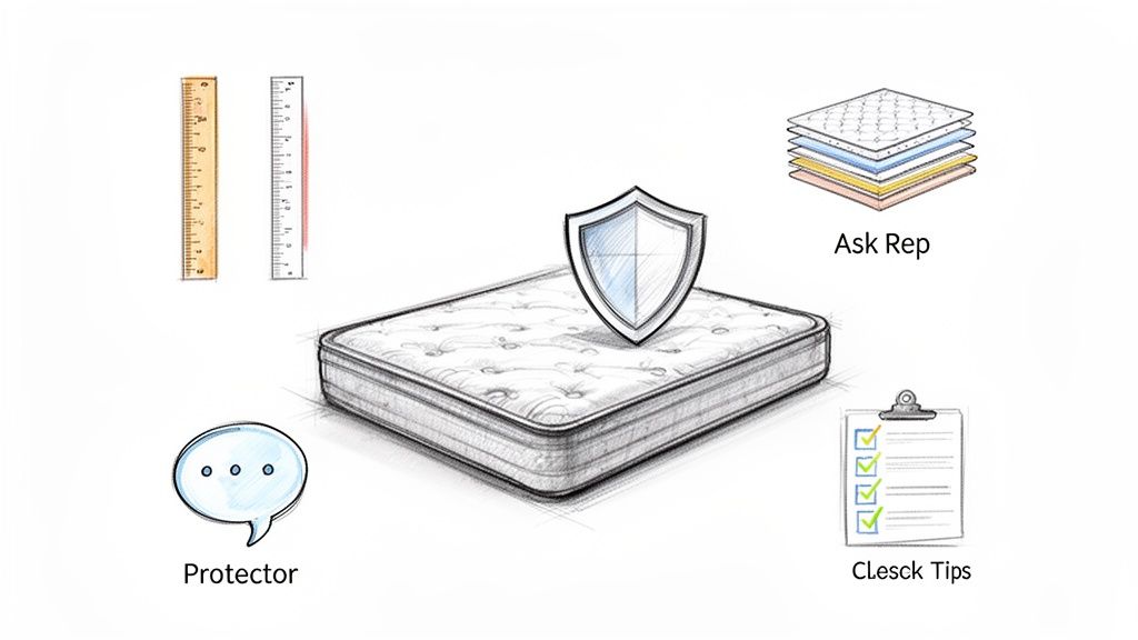Hand-drawn illustration of a mattress with a shield, measuring rulers, layers, and helpful tips.