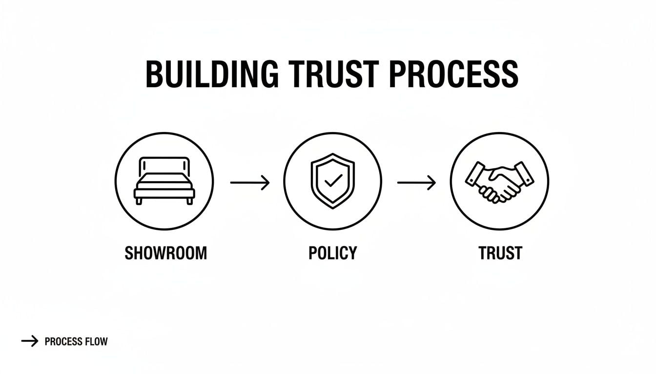 A process flow diagram demonstrating how trust is built through showroom experience and clear policies.
