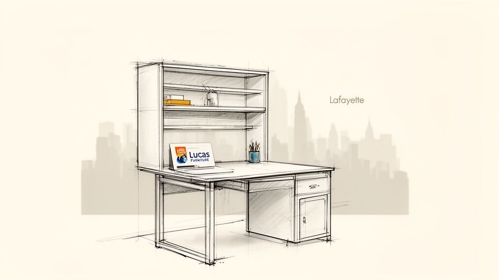 Hand-drawn sketch of a Lafayette office desk with hutch, laptop, Lucas Furniture logo, and cityscape.