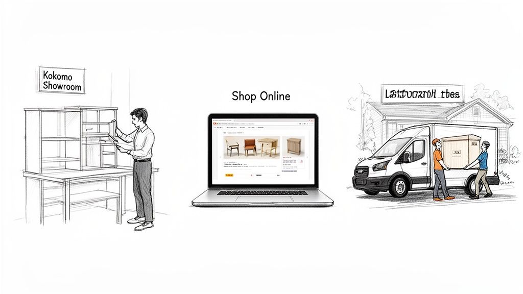 Showroom visit, online furniture shopping on laptop, and home delivery service for desk hutches.