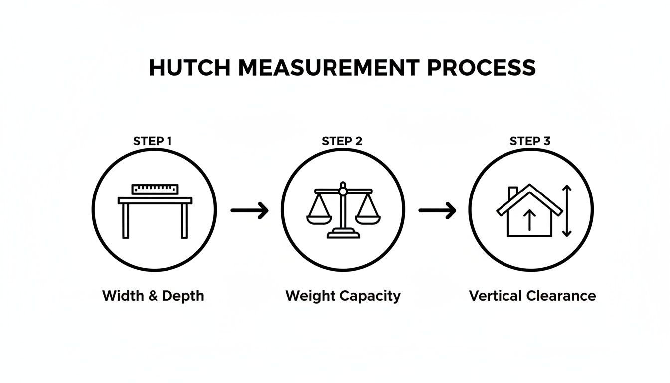 A diagram outlining the hutch measurement process: width & depth, weight capacity, and vertical clearance.