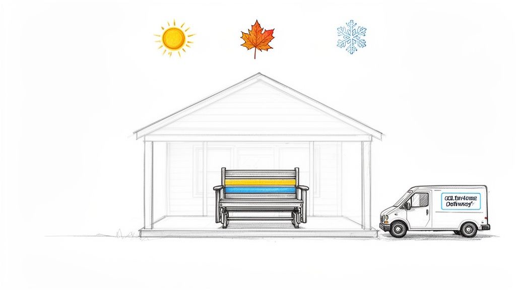 Illustrated polywood glider bench on a porch, suitable for all seasons, with a delivery van.