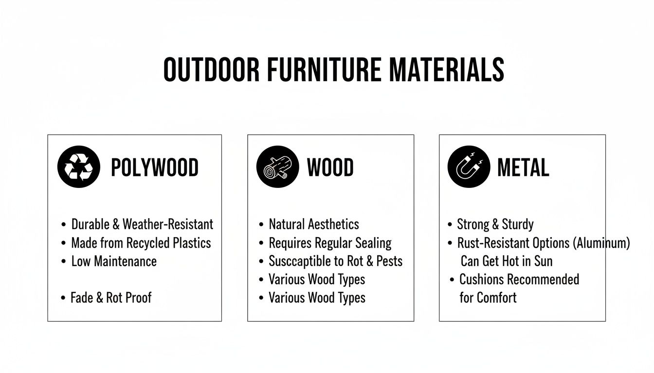 Comparison chart displaying characteristics of Polywood, Wood, and Metal as outdoor furniture materials.
