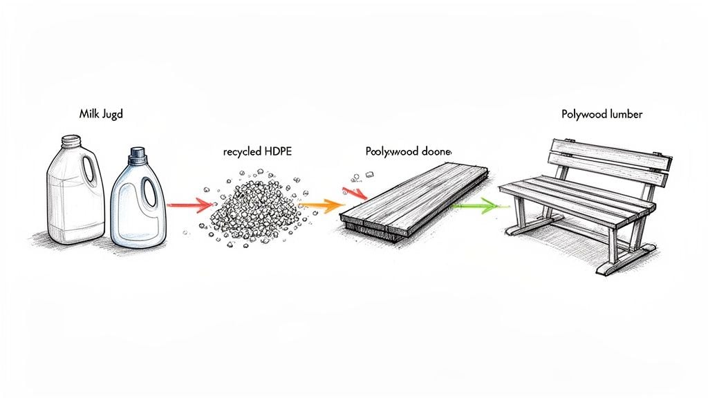 An illustration showing milk jugs recycled into HDPE granules, then polywood lumber, and finally a bench.
