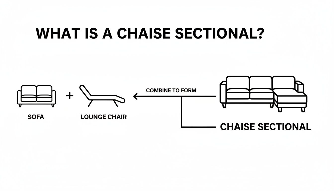 Diagram illustrating a sofa and lounge chair combining to form a chaise sectional.
