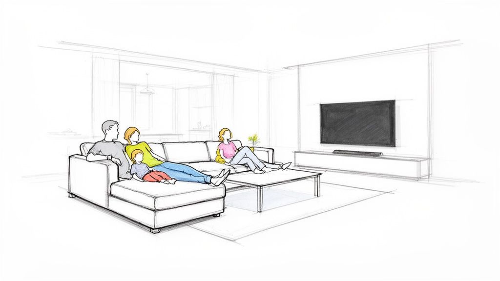 A family of four relaxes on a chaise sectional sofa in a modern living room, watching television.