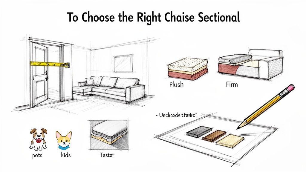 An illustrative guide to choosing a chaise sectional, covering room measurements, cushion firmness, family needs, and material choices.