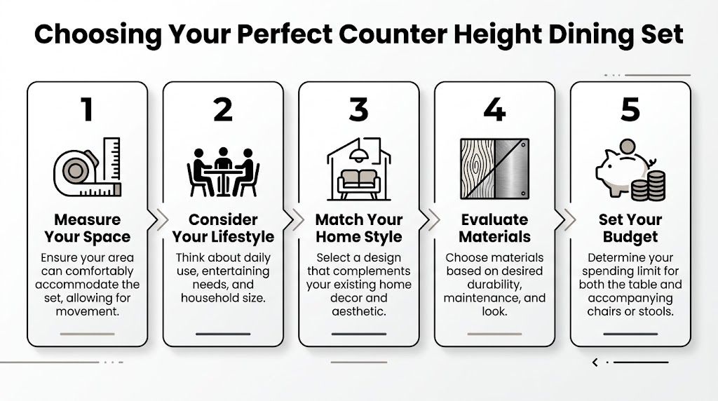 A guide infographic showing five essential steps for choosing a perfect counter height dining set.